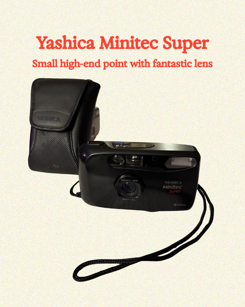 Yashica Minitec Super camera with case on a beige background